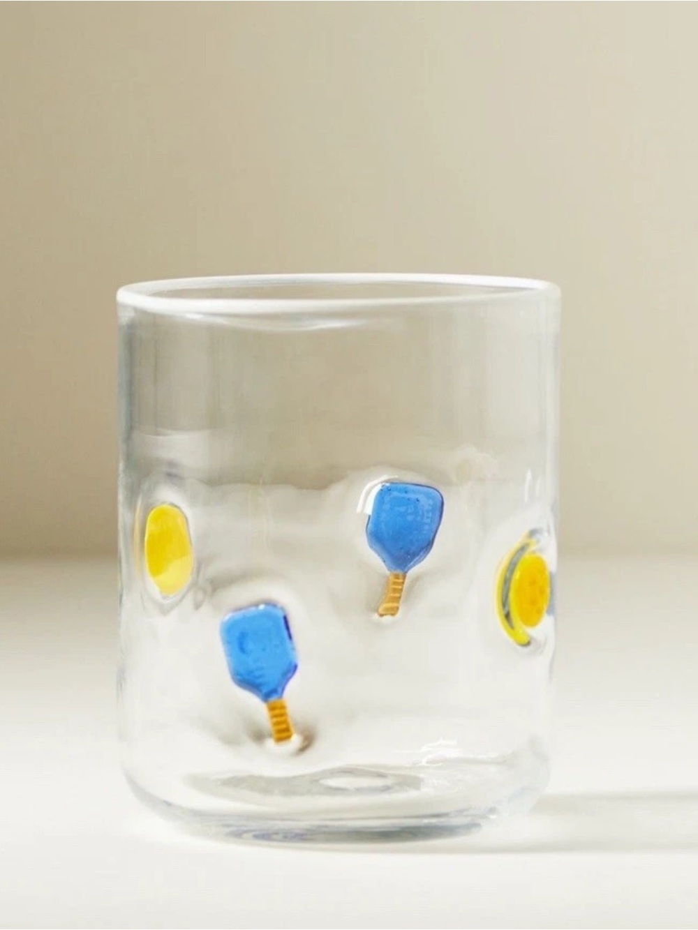 Anthropologie Pickleball Icon Juice 2 Glasses Handmade Glass Raised Paddle Ball